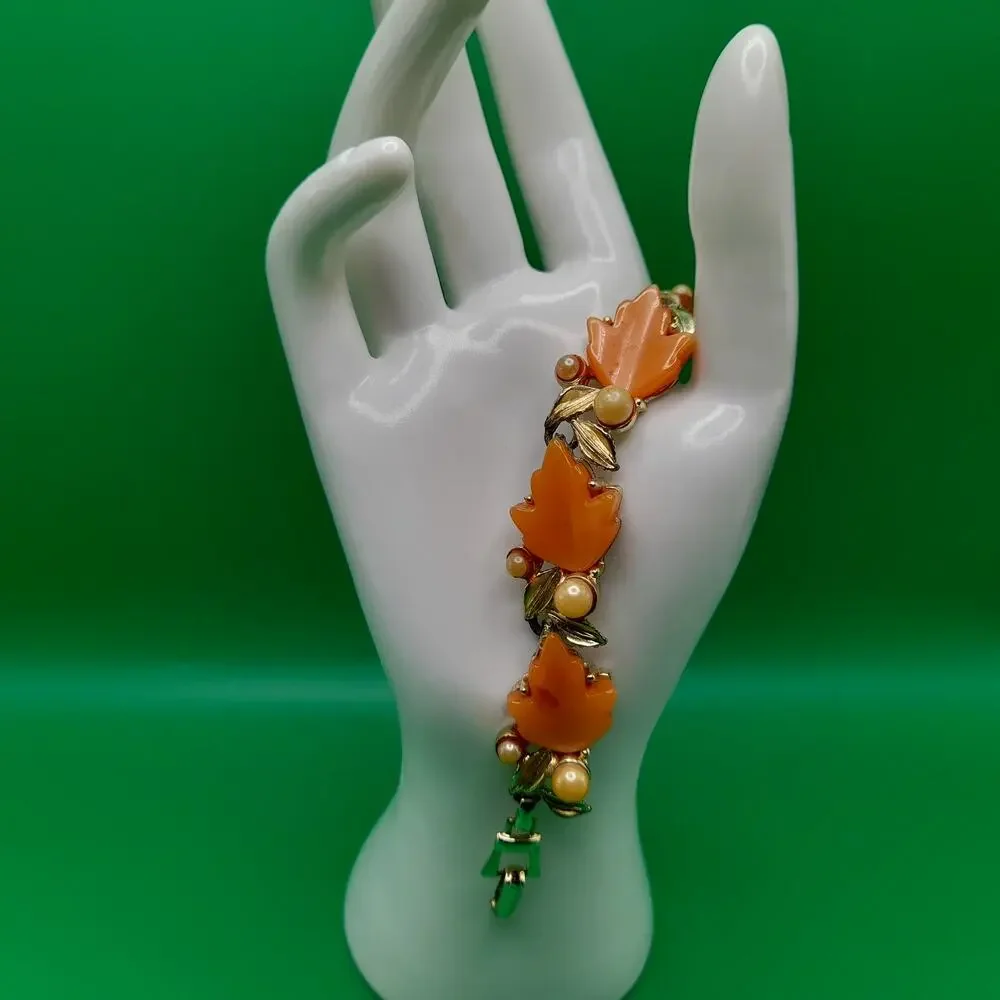 Vintage Orange Moonglow Lucite Leaf Bracelet, Gold Tone, 7 1/4 In, 1950s